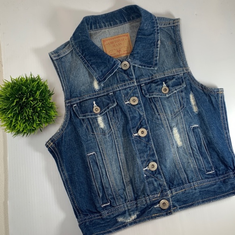 Amethyst Jeans Vintage Wash Cropped Denim Vest‎ - Picture 2 of 8
